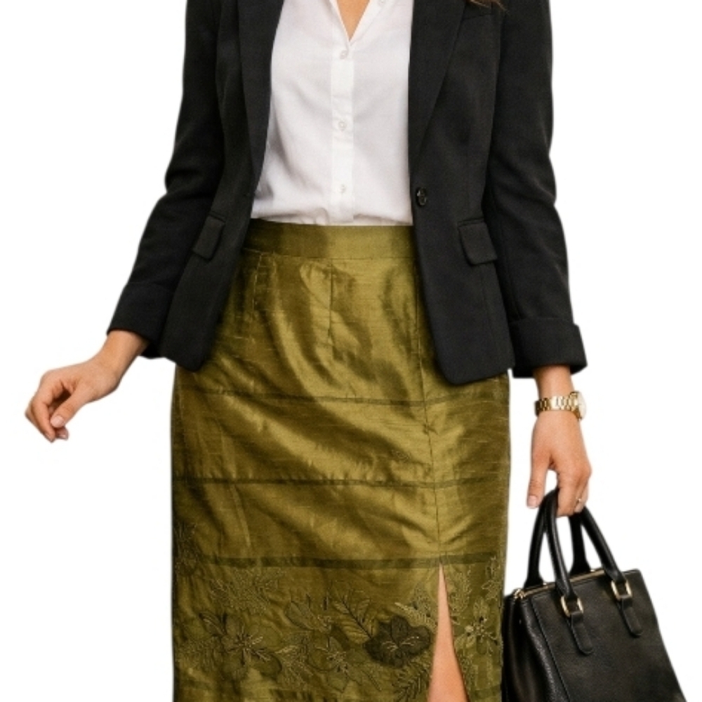KELLY & DIANE chartreuse green beaded embroidered slit 100% silk skirt 10